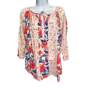 Figueroa Flower PXL Top BOHO Pink Blue Floral Rayon Ties Elastic Cuffs Petite XL